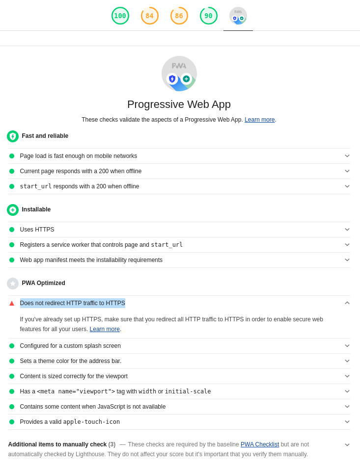 Lighthouse audit report for the application